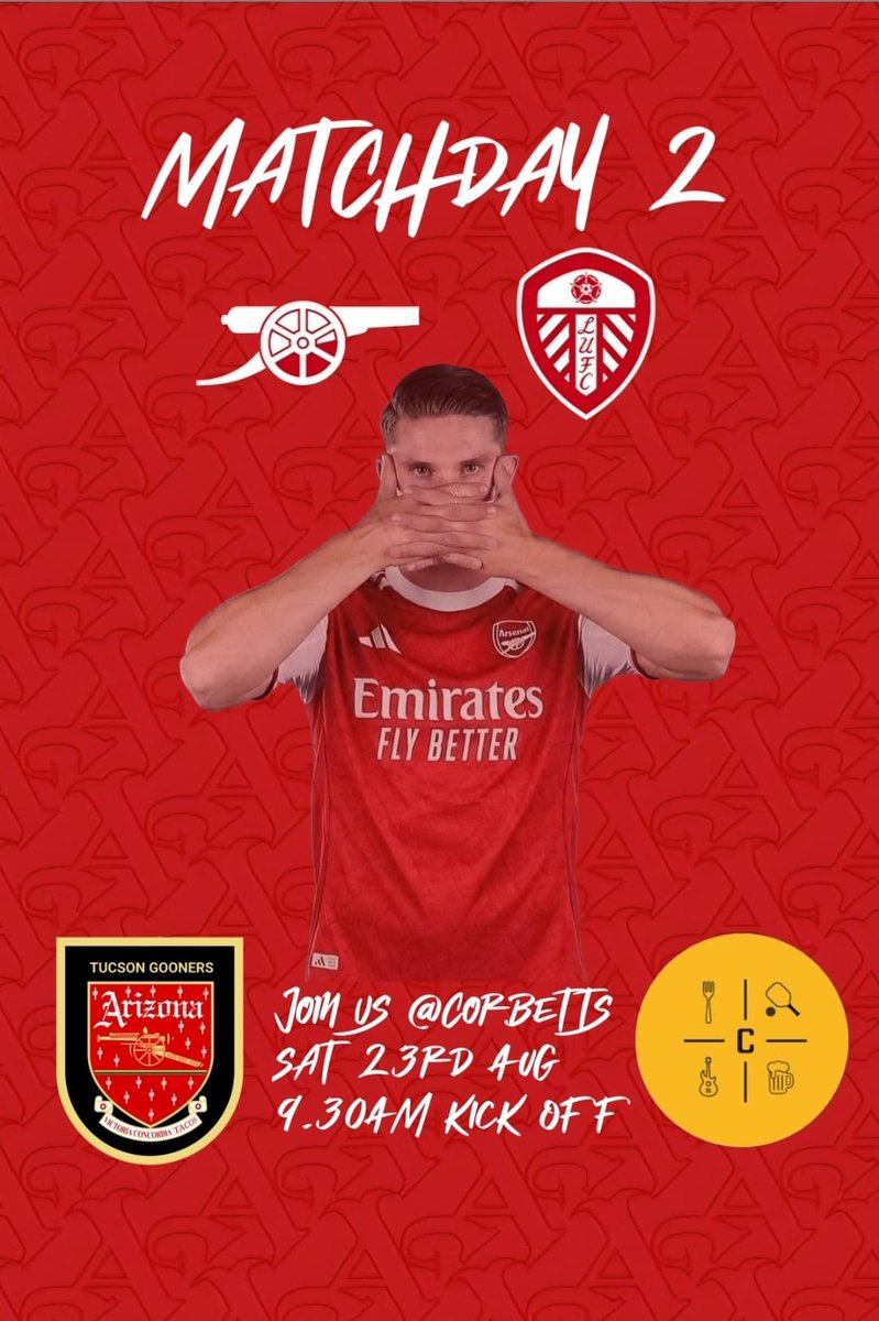 TucsonGooners's tweet photo. Back at it tomorrow for matchweek 2! We take on Leeds at home for a 9:30am kickoff. Join us at Corbett’s!

#arsenal
#arsenalamerica
#tucsongooners
#premiereague 
#ARSLEE https://t.co/4WdZeXnBmj