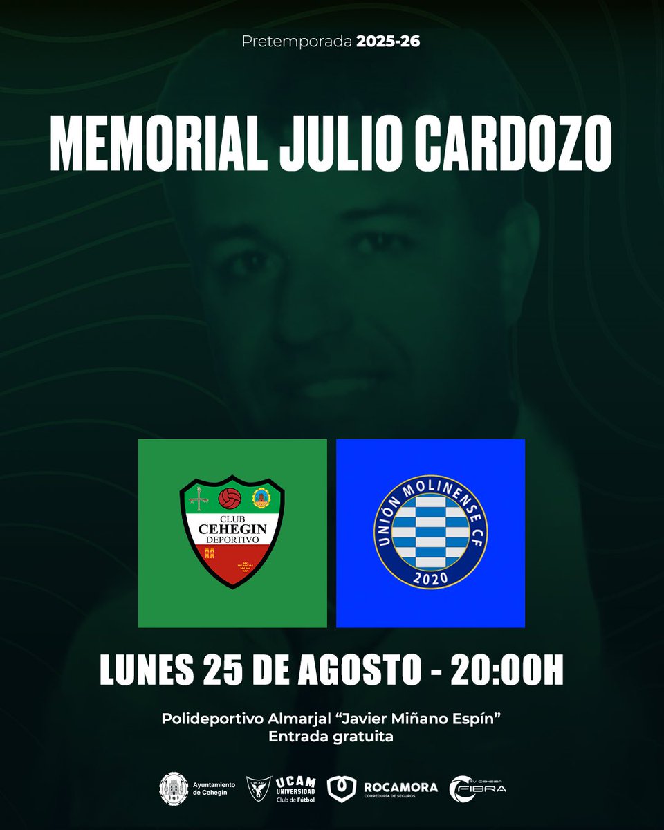 🏆 Memorial Julio Cardozo 

El próximo lunes 25 de agosto celebramos una nueva edición del Memorial Julio Cardozo. El equipo de Cehegín se enfrentará al Unión Molinense C.F.

El encuentro será en el Polideportivo Almarjal “Javier Miñano Espín” a las 20:00h.
