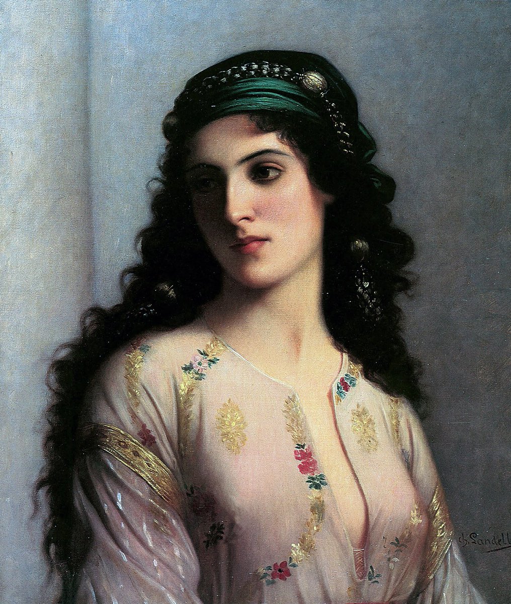 "Juive de Tanger (Jew of Tangier)" - Charles Landelle (after 1866). In collection of the Museum of Fine Arts of Reims. 
#art #fineart #painting #portrait #woman #jew #tangier #beauty #youth #neckline #shirt #embroidery #france #museum