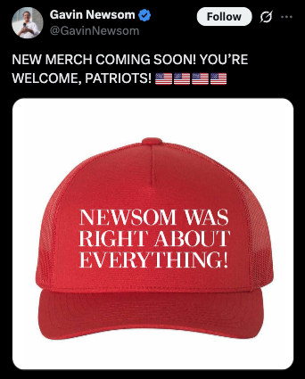 ResisttheMS's tweet photo. BREAKING: Gavin Newsom announces new hat. https://t.co/BSL4vRPibO