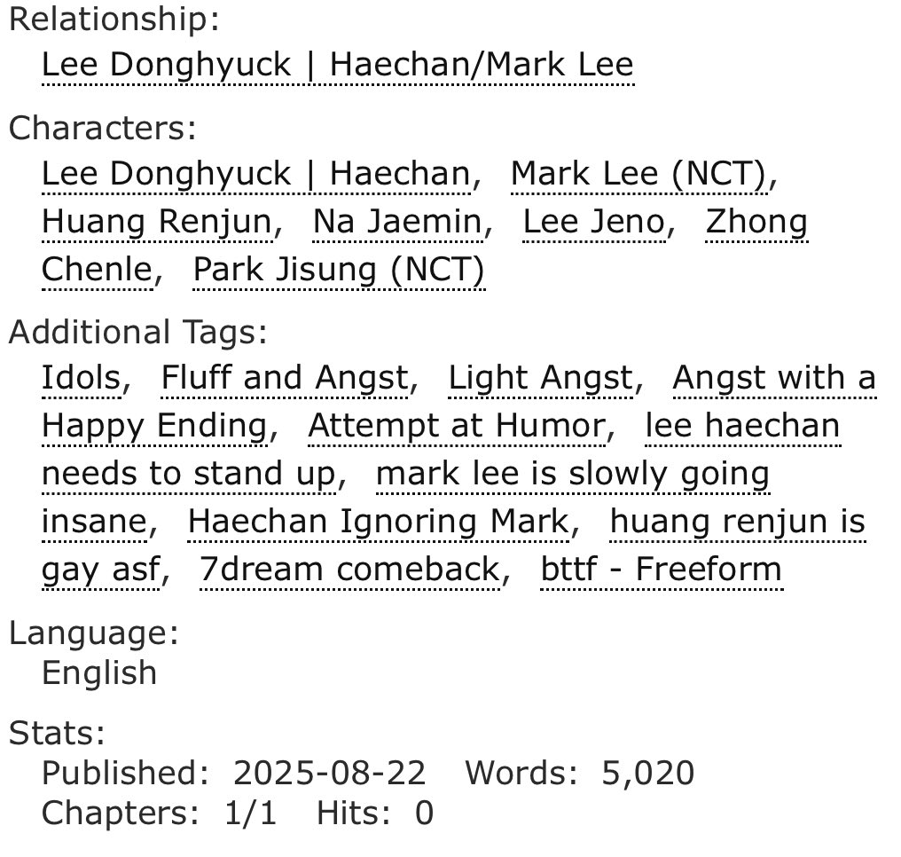 markhyuck one-shot for haechan ignoring mark enjoyers

i lost my old ao3 account and fuckung finally got the invention for the new one and i posted something and pls read because I'm trying to be funny and make u cry at the same time 

archiveofourown.org/works/69646216…