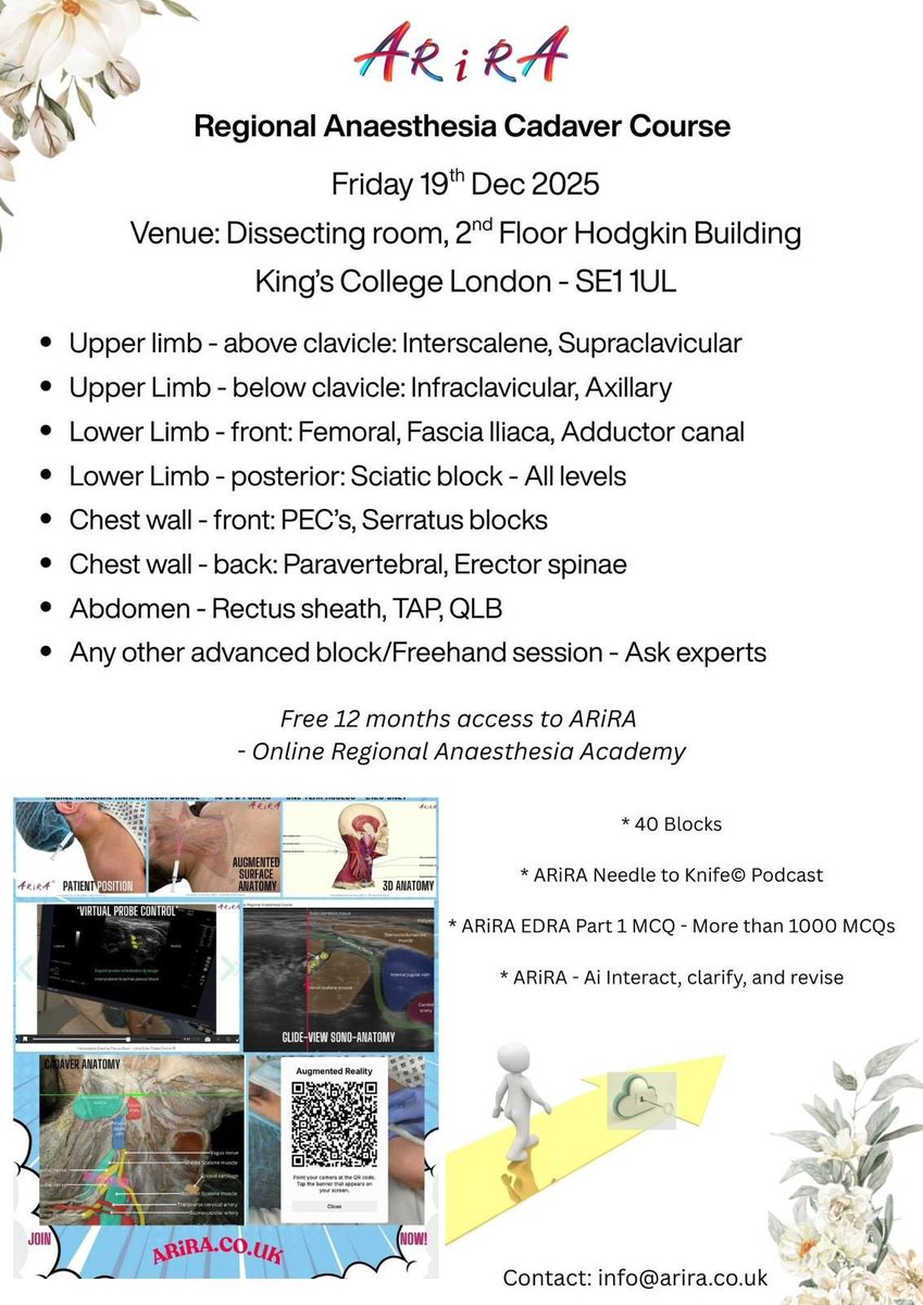 LearnARiRA's tweet photo. Hello 👋…

*ARiRA Cadaver course for ultrasound guided regional anaesthesia

*Venue: King’s College London

*Date: 19 Dec 2025

*Kindly share with your colleagues 🙏😊

https://t.co/g1wZgY8rU9 https://t.co/1MFLZDVAkh
