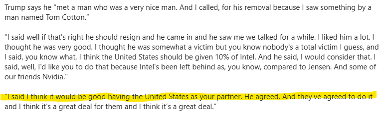 Brahm Resnik (@brahmresnik) on Twitter photo JUST IN President Trump tells reporters that @Intel has agreed to give United States a 10% share of company. There have been reports of this in recent days. Per <a href="/AP/">The Associated Press</a>, formal announcement expected later today. Below is pool report of Trump's comments. JUST IN President Trump tells reporters that @Intel has agreed to give United States a 10% share of company. There have been reports of this in recent days. Per <a href="/AP/">The Associated Press</a>, formal announcement expected later today. Below is pool report of Trump's comments.