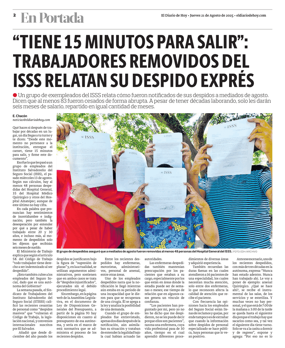 Héctor Rodríguez (@hectoramilkr) on Twitter photo #DespidosIlegalesSv
En el <a href="/isss_gob_sv/">ISSS</a> despiden arbitrariamente a 85 personas entre personal esencial para atender a derechohabientes
#PriviatizaciónDeLaSalud
#BukeleInconstitucional
<a href="/ilo/">International Labour Organization</a>
<a href="/OIT_AmerCentral/">OIT América Central</a>
<a href="/MTD_OficialSV/">Movimiento de Trabajadores Despedidos</a> #DespidosIlegalesSv
En el <a href="/isss_gob_sv/">ISSS</a> despiden arbitrariamente a 85 personas entre personal esencial para atender a derechohabientes
#PriviatizaciónDeLaSalud
#BukeleInconstitucional
<a href="/ilo/">International Labour Organization</a>
<a href="/OIT_AmerCentral/">OIT América Central</a>
<a href="/MTD_OficialSV/">Movimiento de Trabajadores Despedidos</a>