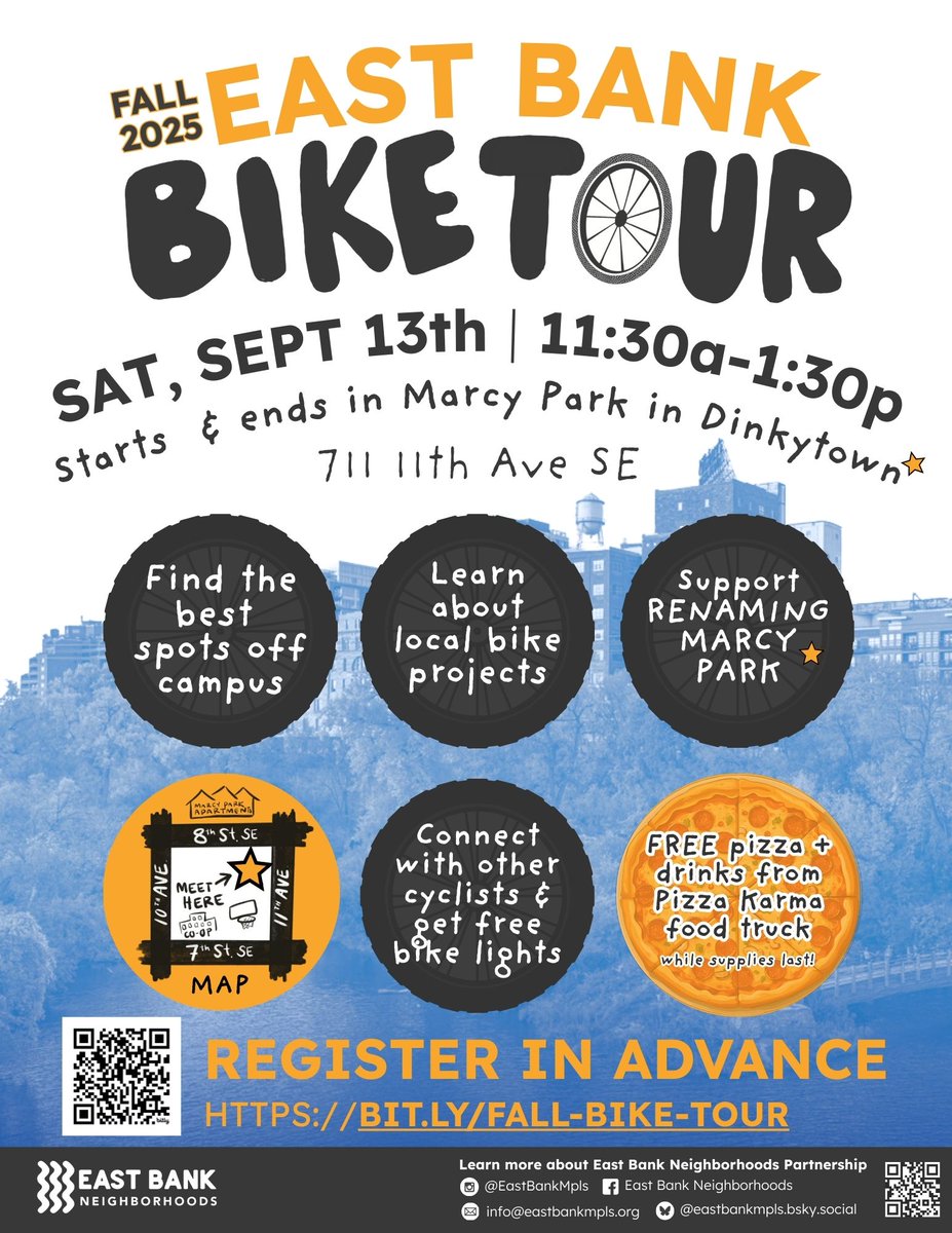 East Bank Bike Tour - Fall 2025 Edition
Saturday, Sep 13, 11:30 am - 1:30 pm
Marcy Park in Dinkytown

More Details: eastbankmpls.org/bike-tours