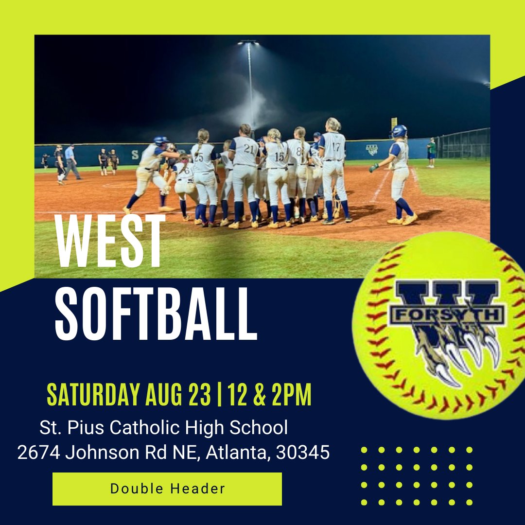 West Forsyth Softball (@westsoftball20) on Twitter photo Make plans to come watch West Forsyth Varsity Softball play 2⃣ games tomorrow at St. Pius Catholic High School!
12 Noon vs. Wesleyan
2:00 vs. <a href="/StPiusXAtlanta/">St. Pius X Catholic High School</a>
Goooooo Wolverines! Make plans to come watch West Forsyth Varsity Softball play 2⃣ games tomorrow at St. Pius Catholic High School!
12 Noon vs. Wesleyan
2:00 vs. <a href="/StPiusXAtlanta/">St. Pius X Catholic High School</a>
Goooooo Wolverines!