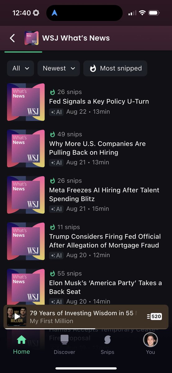ericosiu's tweet image. Easy way to see if a pod is decent - use @snipd_app to see if a pod is consistently getting snips (bookmarks)
