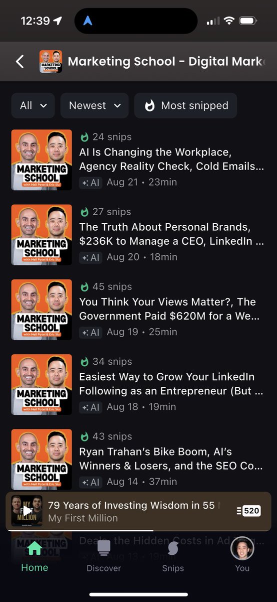 ericosiu's tweet image. Easy way to see if a pod is decent - use @snipd_app to see if a pod is consistently getting snips (bookmarks)