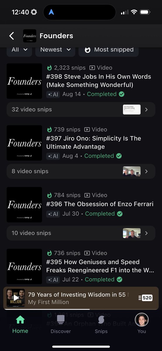 ericosiu's tweet image. Easy way to see if a pod is decent - use @snipd_app to see if a pod is consistently getting snips (bookmarks)