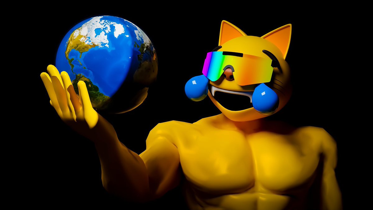 Yellow MOG cat with muscular body holding the Earth globe while wearing rainbow sunglasses