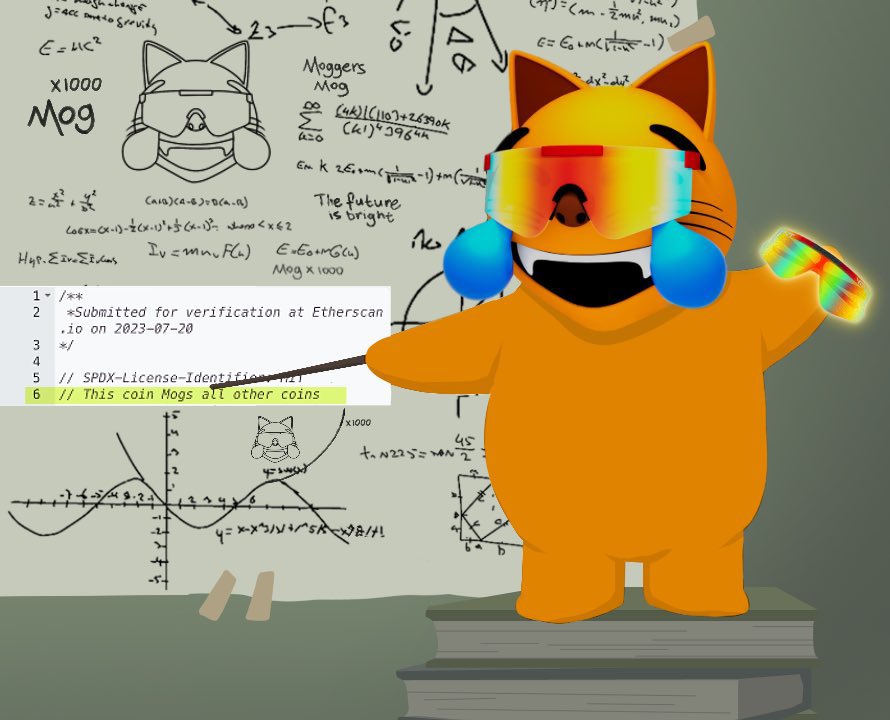MOG cat explaining coin features on a chalkboard with mathematical equations