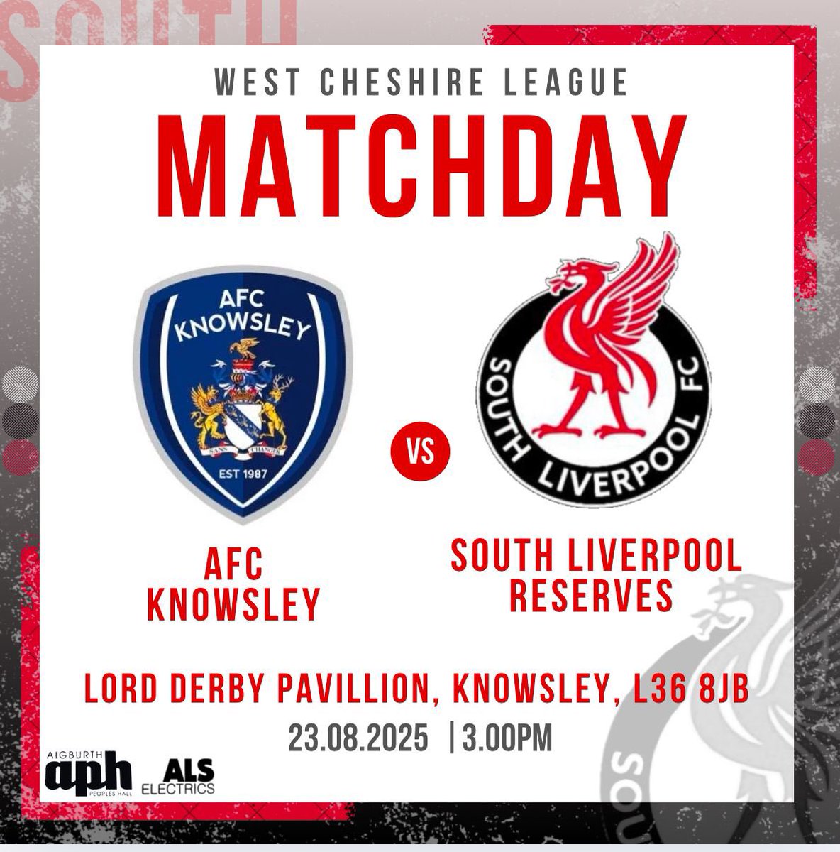 Big game tomorrow for the lads as we take on AFC Knowsley in a 3pm KO⚪️⚫️🔴

📆 Sat 23/08/25
⚽️ <a href="/afc_knowsley/">AFC Knowsley</a> 
🏆 <a href="/WestCheshireLge/">Go2Day West Cheshire League</a> 
⏱️ 15:00
📌 Lord Derby Pavillion - L36 8JB
💰 Admission: Free 
🍻 BAR OPEN