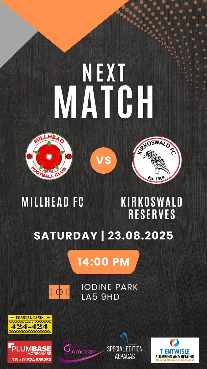 Millhead FC (@fcmillhead) on Twitter photo πππ₯ππ π»ππͺ π - ππ/ππ
The first team are back in action tomorrow and back at Iodine Park!
Kirkoswald Reserves are the visitors and we look forward to welcoming them tomorrow in what should be a good game!
All support is welcome down at Iodine!
#forzamillhead π§‘ πππ₯ππ π»ππͺ π - ππ/ππ
The first team are back in action tomorrow and back at Iodine Park!
Kirkoswald Reserves are the visitors and we look forward to welcoming them tomorrow in what should be a good game!
All support is welcome down at Iodine!
#forzamillhead π§‘