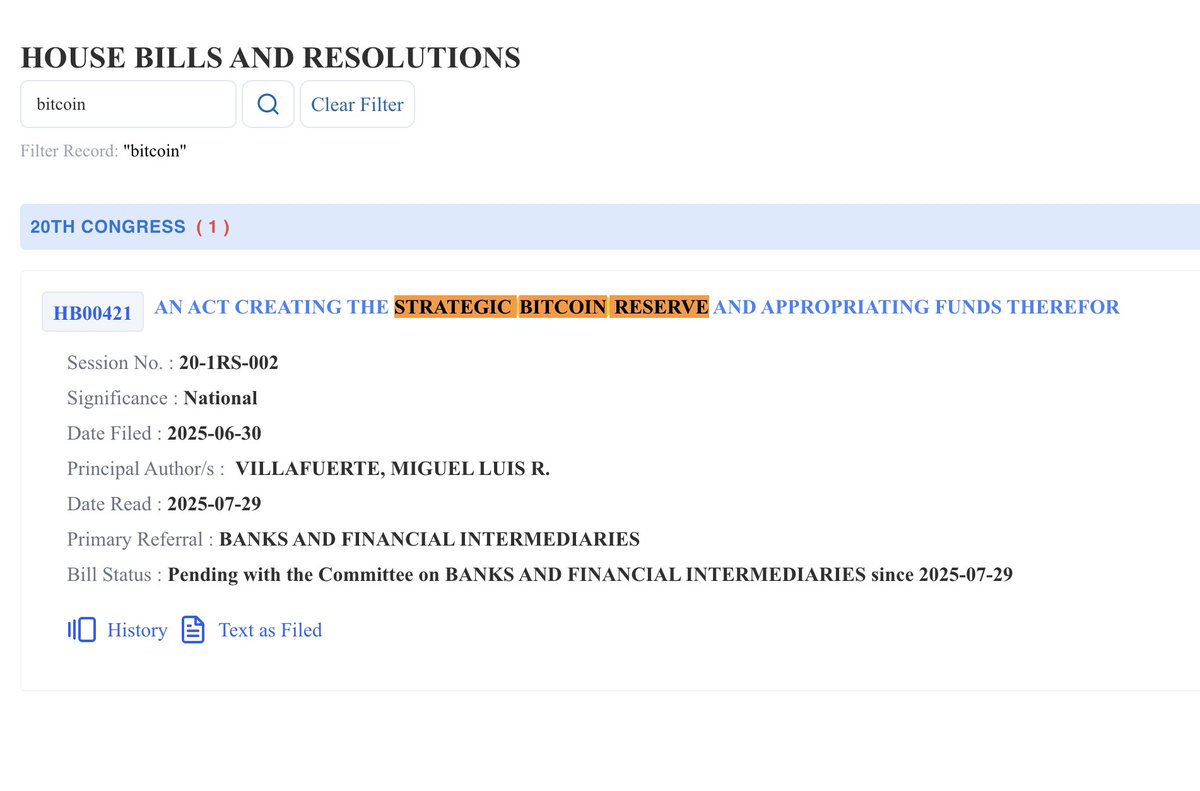 BREAKING: 🇵🇭 Philippines introduces a bill to create a 10,000 BTC Strategic Reserve in Congress. 👏