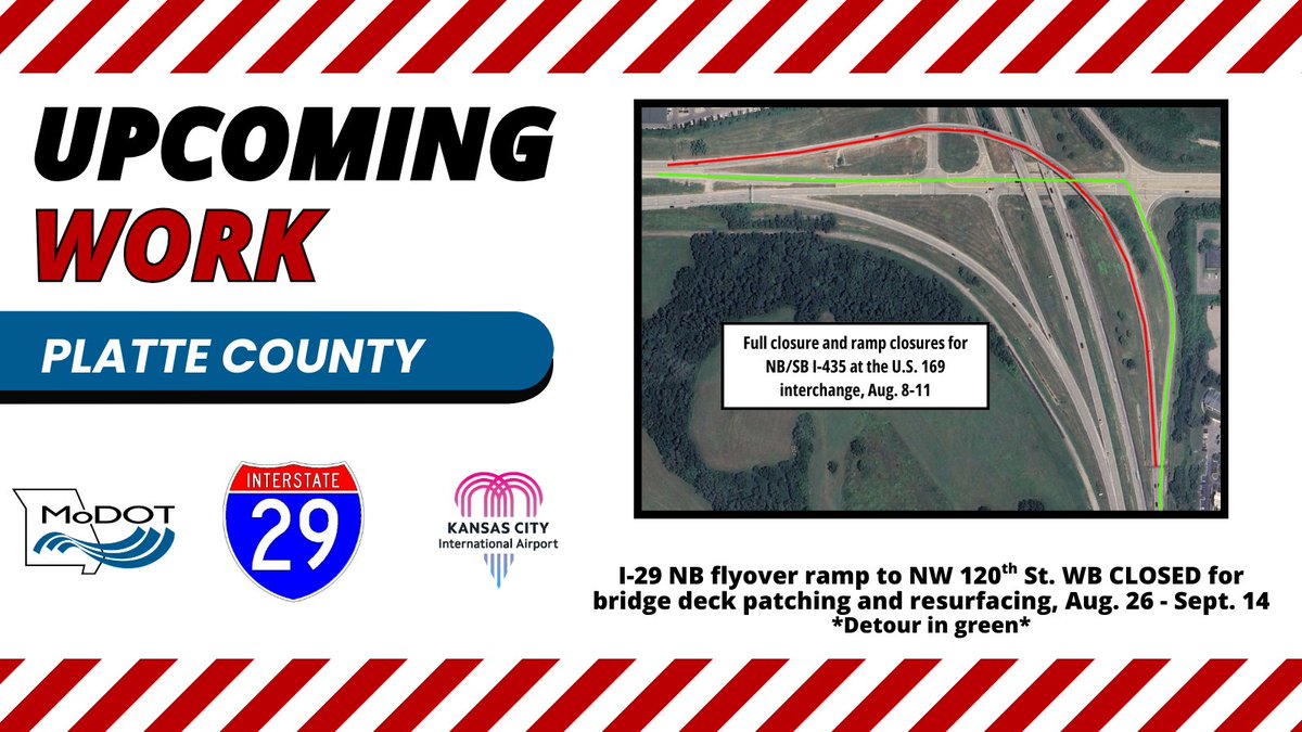 PLATTE COUNTY - Crews will close the I-29 NB flyover ramp to NW 120th St. WB, the flyover ramp into the Kansas City International Airport, starting Tuesday, Aug. 26 until Sept. 14 for bridge deck patching and resurfacing.  All work is weather permitting. modot.org/node/75114