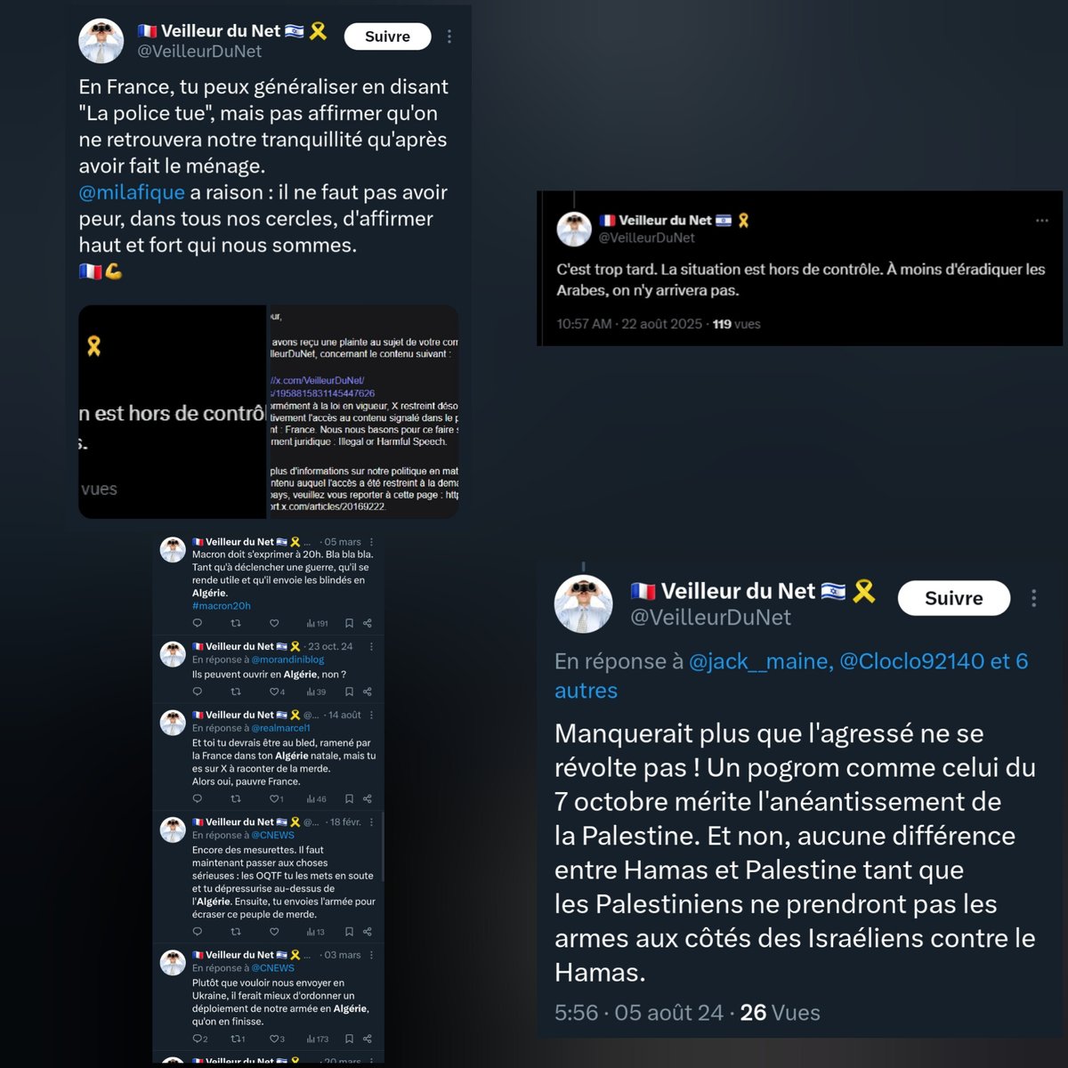 Tajmaât (@tajmaat_service) on Twitter photo 🇫🇷 FLASH - Le chef d’entreprise de <a href="/DG_Conseil/">DG CONSEIL</a>, se cache derrière le compte « anonyme » <a href="/VeilleurDuNet/">🇫🇷 Veilleur du Net 🇮🇱 🎗️</a>, pour déverser son racisme contre les Maghrébins et appeler à « l’éradication des Arabes, des Mouloud et des Fatima ».
Des faits graves qui se banalisent. <a href="/PoliceNationale/">Police nationale</a> 🇫🇷 FLASH - Le chef d’entreprise de <a href="/DG_Conseil/">DG CONSEIL</a>, se cache derrière le compte « anonyme » <a href="/VeilleurDuNet/">🇫🇷 Veilleur du Net 🇮🇱 🎗️</a>, pour déverser son racisme contre les Maghrébins et appeler à « l’éradication des Arabes, des Mouloud et des Fatima ».
Des faits graves qui se banalisent. <a href="/PoliceNationale/">Police nationale</a>