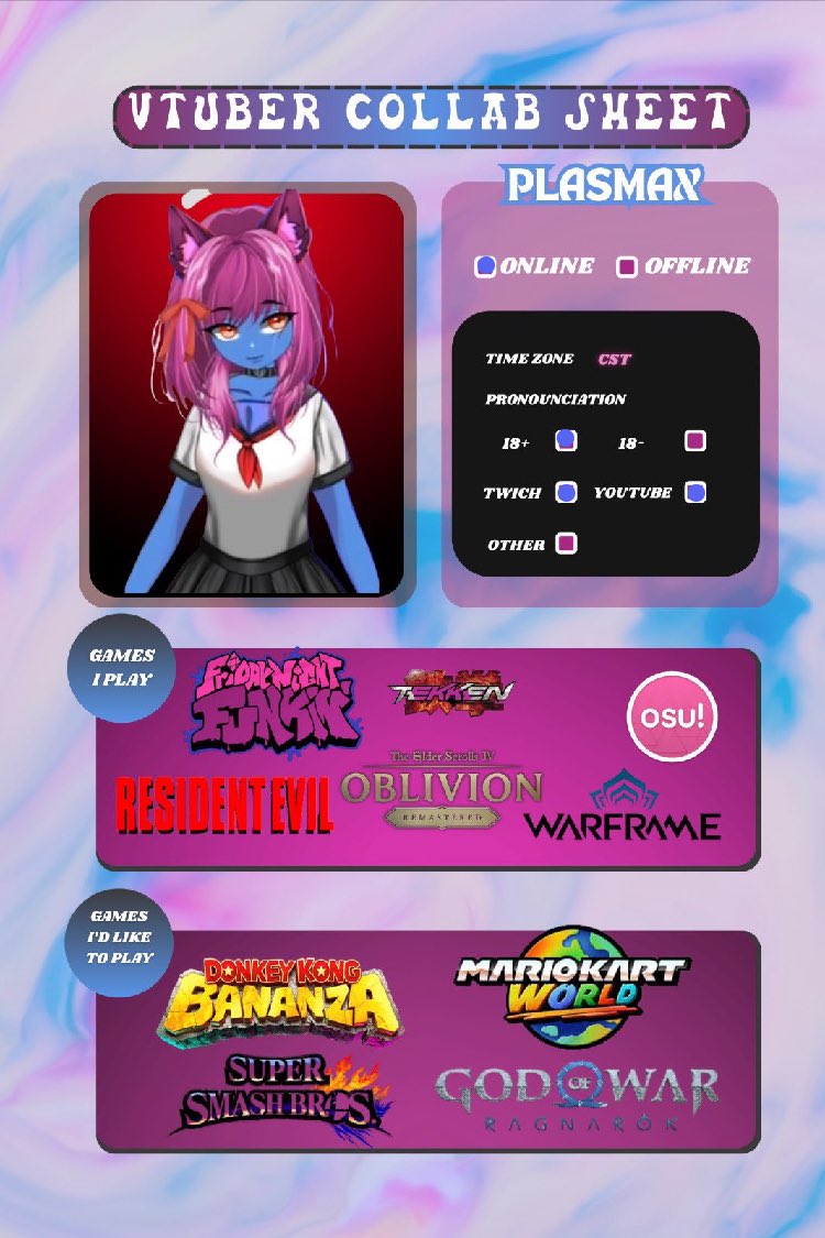 Plasmax543's tweet photo. Hey all here’s my info, games I play, and when I usually stream!! Thanks to @Luna_Morneo for making these for me!! #vtuber #youtuber #streamer #gamer #progamer https://t.co/9A07WQLOna