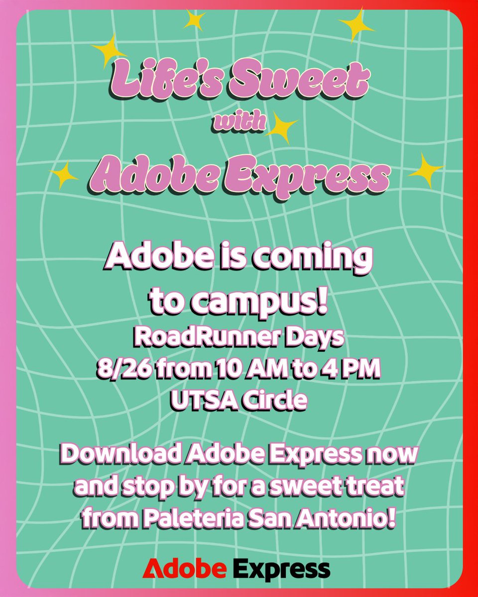 🎉 Kick off the semester with Adobe Express: Quick Bites, Bold Moves! Grab free food &amp; discover creative tools to level up your projects—social posts, presentations, videos &amp; more. 🍔🎨📽️

Come hungry, leave inspired! RSVP at: buff.ly/8FKyKsc
#UTSA #Adobe #BackToSchool
