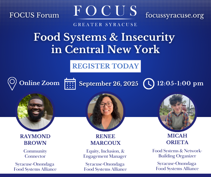 🍎 Join us for our September FOCUS Forum! We’ll dive into our local food systems, what they are, how they function, and the ways each of us is connected to them.

🗓️Register focussyracuse.org/food-insecurit…

#CNY #Food #SnapIntoFOCUS