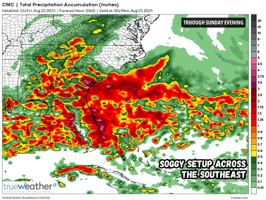 A soggy setup lingers over the #Southeast this weekend, bringing daily showers and #storms. Saturday looks most active, with 0.5–2" common and up to 3" locally. While it may dampen outdoor plans, the #rain is welcome amid growing dryness and #drought. 

#Weather #FLwx #GAwx #SCwx
