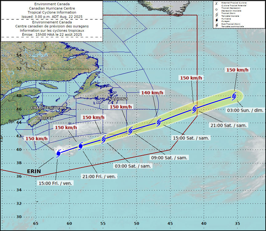 ECCCWeatherNL's tweet image. 🌊 Hurricane Erin will pass SE of the Grand Banks Saturday as it transitions post-tropical. Strong winds &amp;amp; large waves will drive significant swell &amp;amp; surf toward the coast. Stay a safe distance from the shoreline as large waves can arrive suddenly. ow.ly/oA2i50WKwvB #NLwx
