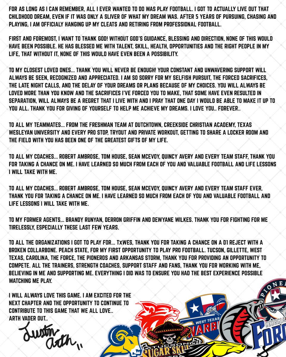 Today, I announce my retirement from professional football. My final game will be September 13th, 2025 at The Ford Center in Frisco, TX. I look forward to continuing to invest in the next generation and helping them achieve even greater dreams than I.