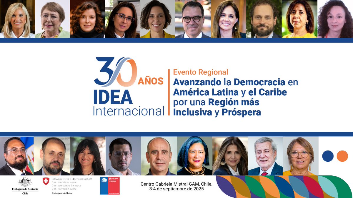IDEA_Int_Chile's tweet image. #IDEA30AÑOS| ¡Participa en el Encuentro Regional de IDEA Internacional 🇨🇱!

Súmate a la conmemoración de nuestros 30 años. Participa en el Encuentro Regional: Avanzando la Democracia en América Latina y el Caribe por una región más Inclusiva y Próspera. 

Tendremos destacados…