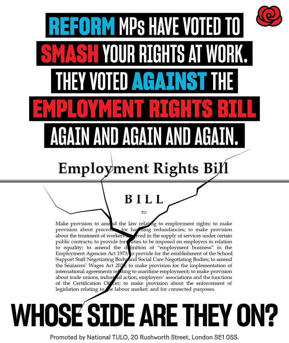 Reform claim to back workers — but have turned their back on them again and again, voting AGAINST the Employment Rights Bill to keep:

✅ Fire &amp; rehire
✅ Exploitative zero-hours
✅ No unfair dismissal protection 2 yrs
✅ 3-day sick pay wait

They’re not on your side.