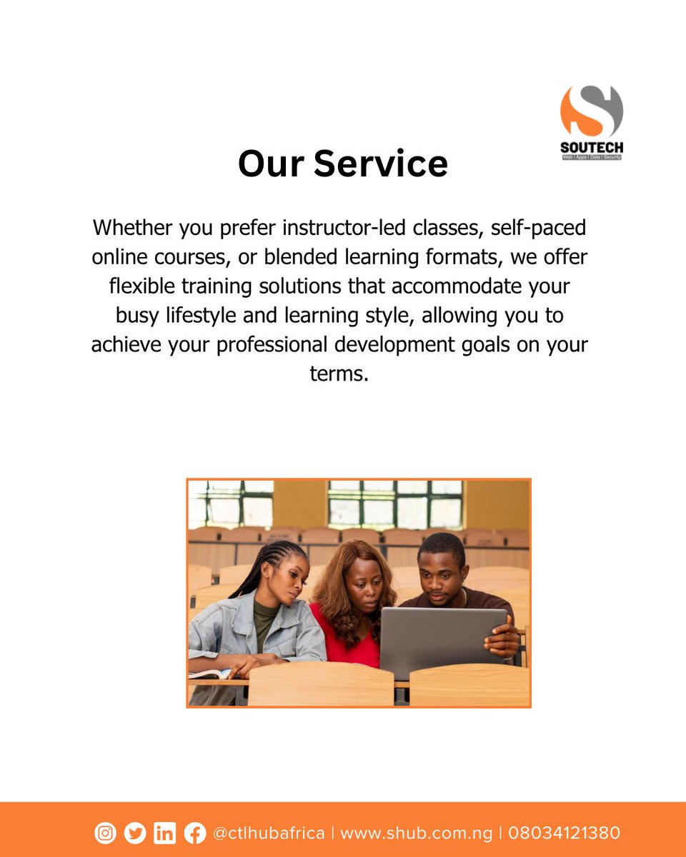 ctlhubafrica's tweet image. Master new skills and advance your career with SouTech! We offer flexible training solutions that fit your life, whether you prefer instructor-led classes, self-paced courses, or a blend of both.
​#SouTech #ProfessionalDevelopment #CareerGoals #SkillUp #Learning