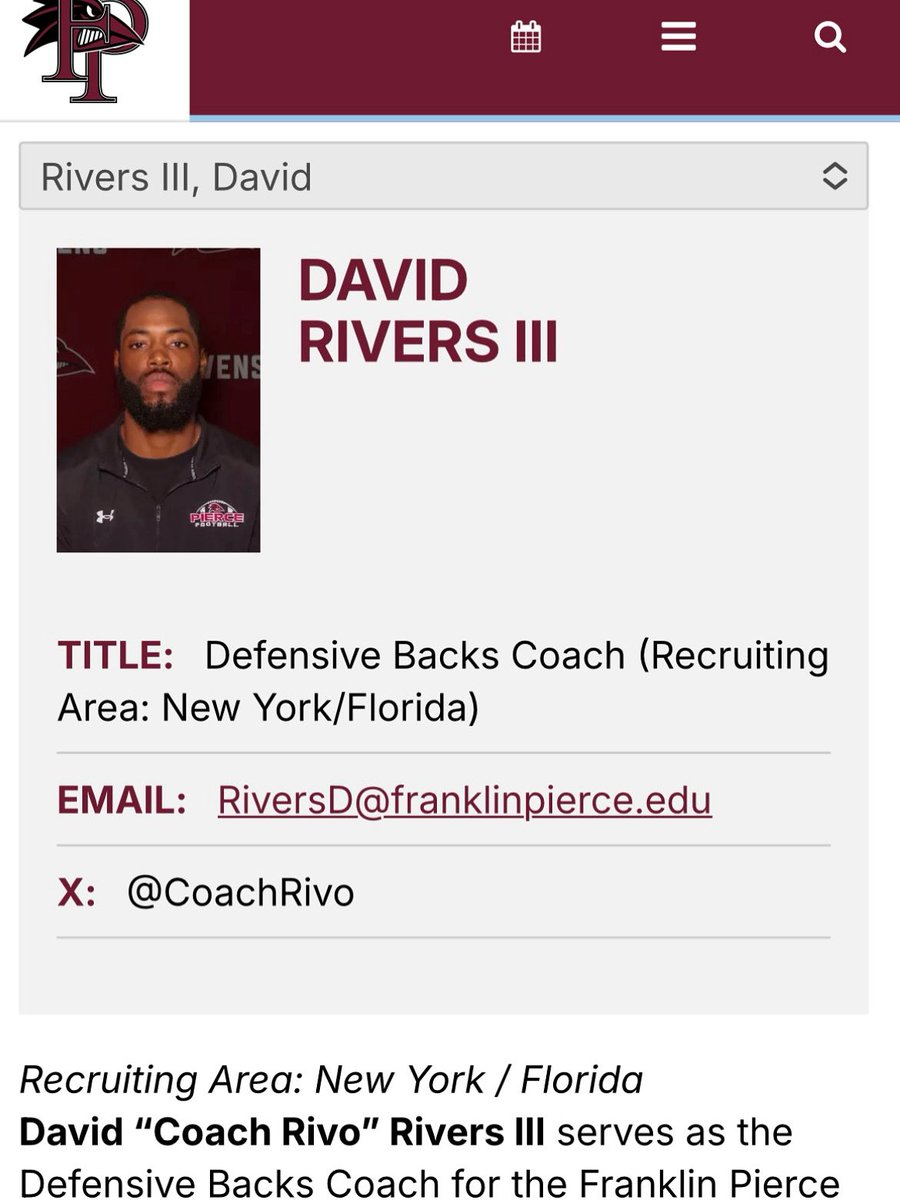 David L. Rivers III (@dlriii_) on Twitter photo Blessed to announce that I’ve accepted the position of Defensive Backs Coach at Franklin Pierce University. Thank you <a href="/Coach_GAS/">Russell Gaskamp</a> for this opportunity, LETS WORK! #TheStandard Blessed to announce that I’ve accepted the position of Defensive Backs Coach at Franklin Pierce University. Thank you <a href="/Coach_GAS/">Russell Gaskamp</a> for this opportunity, LETS WORK! #TheStandard