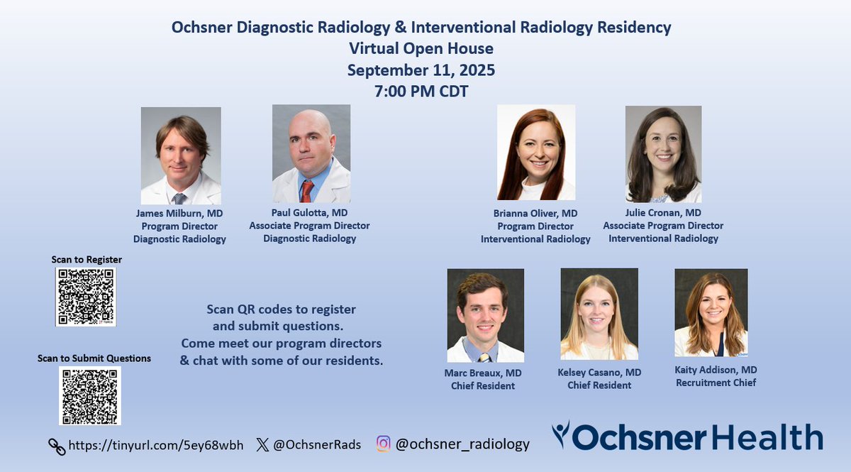 James Milburn MD, FACR, FSNIS, MMM (@docroc99) on Twitter photo Ochsner Health in New Orleans will hold a Virtual Open House for both Diagnostic Radiology and Interventional Radiology programs Thursday, Sept. 11 at 7pm CDT. Register and submit questions using the QR codes. <a href="/TheRadRoom/">TheRadRoom</a> #FutureRadRes #MedStudents #Match2026 <a href="/OchsnerRads/">Ochsner Radiology</a> Ochsner Health in New Orleans will hold a Virtual Open House for both Diagnostic Radiology and Interventional Radiology programs Thursday, Sept. 11 at 7pm CDT. Register and submit questions using the QR codes. <a href="/TheRadRoom/">TheRadRoom</a> #FutureRadRes #MedStudents #Match2026 <a href="/OchsnerRads/">Ochsner Radiology</a>