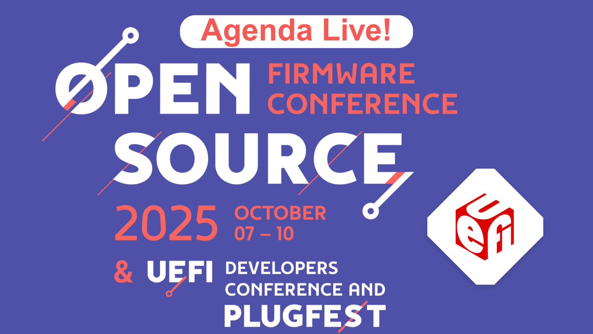 The agenda for the #UEFIDevCon25 is now live. Our two-day roster of educational sessions will cover important topics include #security, the #firmware supply chain, #opensource firmware updates and more. View the agenda: bit.ly/41ToBfA