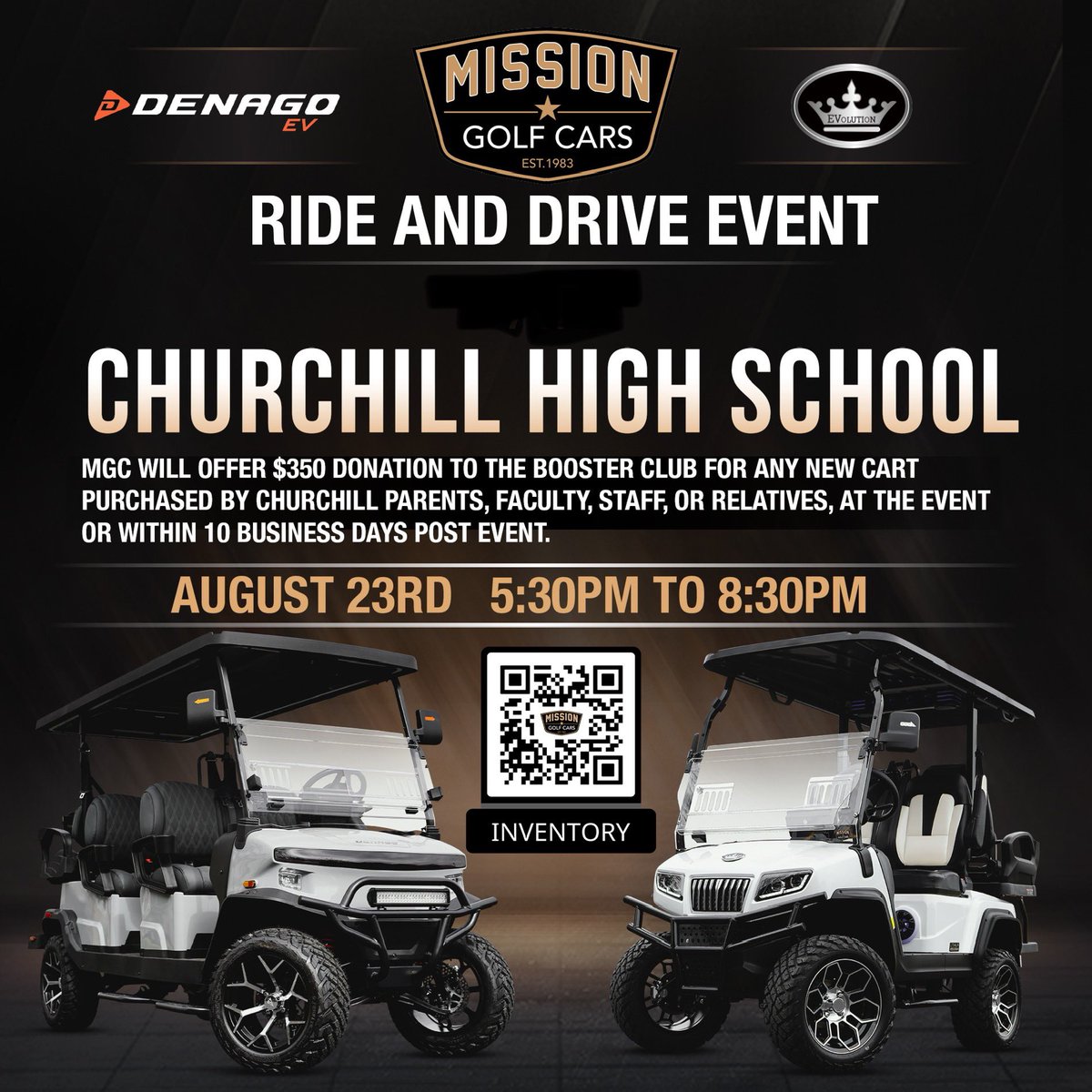 In the market for a golf cart?
@missiongolfcars will be at Comalander for MTC from 5:30-8:30pm to test drive! Find them in the parking lot &amp; test one of 10 vehicles!
MGC WILL OFFER $350 DONATION TO CSA FOR ANY NEW CART PURCHASED AT THE EVENT OR W/IN 10 BIZ DAYS AFTER!