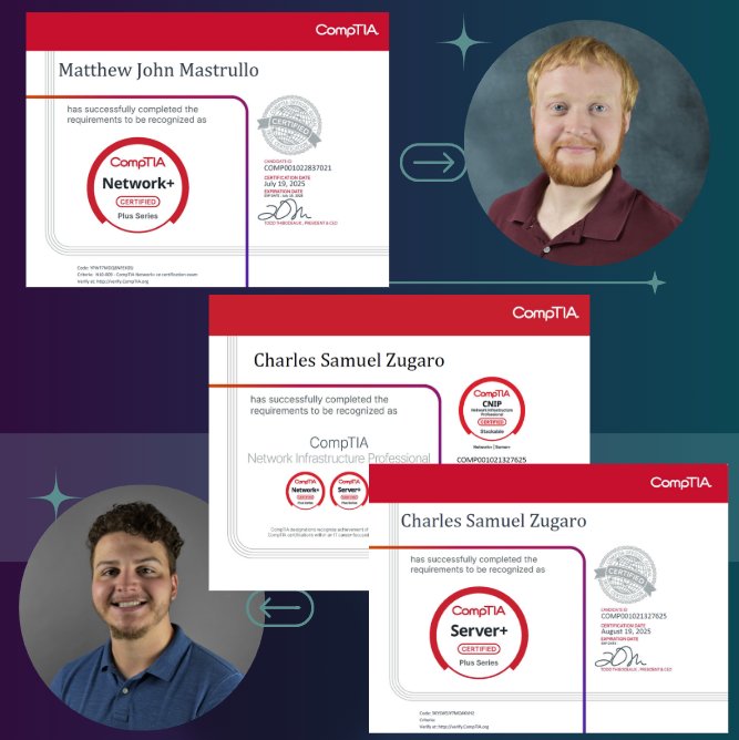 🎉 Big congratulations to Matt Mastrullo and Charles Zugaro at Warren County Telecom for earning their CompTIA Network+ certifications! 🚀 Charles also went above and beyond, securing his CompTIA Server+ certification.