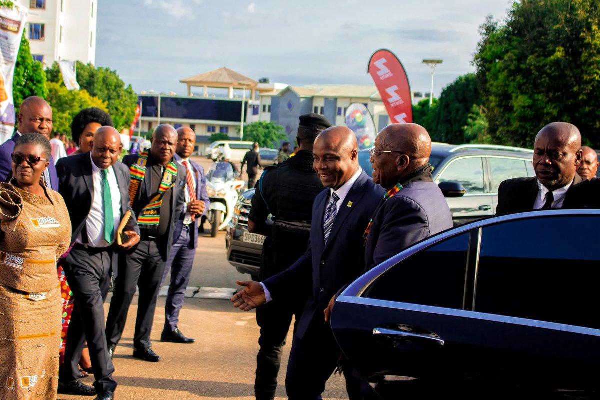 upsaccra's tweet photo. Arrival of former South African President H.E. Jacob Zuma at the UPSA Annual Leadership Lecture on Tuesday.
He was warmly welcomed by the Education Minister, Hon. Haruna Iddrisu, and a high-level delegation from UPSA.
#UPSA60 #leadershiplecture #WeLoveUPSA https://t.co/44pwTOfVzD
