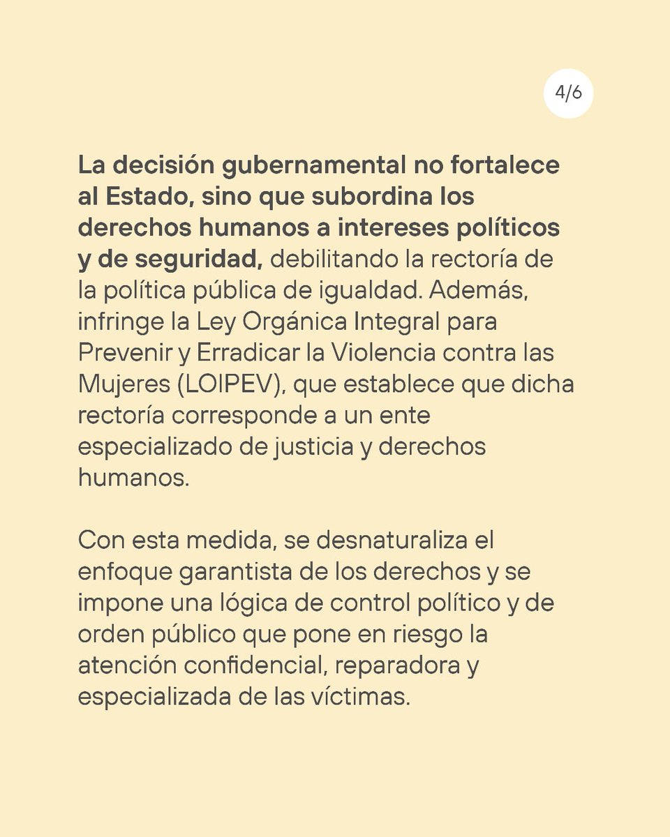 #Alerta | El Gobierno de <a href="/DanielNoboaOk/">Daniel Noboa Azin</a> desmantela la institucionalidad de género en #Ecuador.

La fusión del Ministerio de la Mujer al de Gobierno invisibiliza derechos y pone en riesgo la vida de mujeres y niñas.

📑 Comunicado completo aquí: 
bit.ly/476kHn7