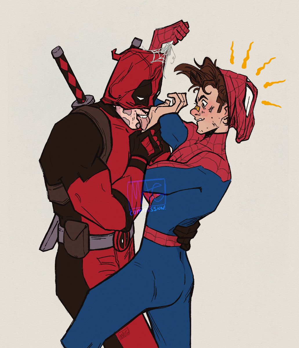 novakiart's tweet photo. A fun little #spideypool comm for @PyrotheDragon, or: haunting photos taken moments before disaster (a mouthful of webs) https://t.co/37dwMjwi3N