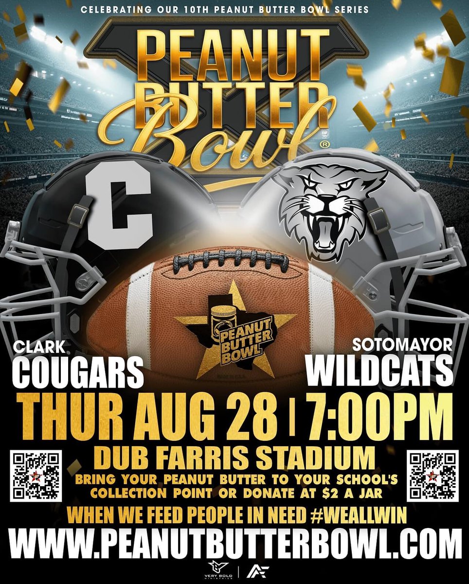 Please help us with the 2025 Peanut Butter Bowl In our Game vs Sotomayor we are trying to raise as much money as possible to support this great cause! 

*Any Actual Jars of Peanut Butter will have to be delivered to Clark HS before the game next Thursday*
peanutbutterbowl.com/online-donatio…