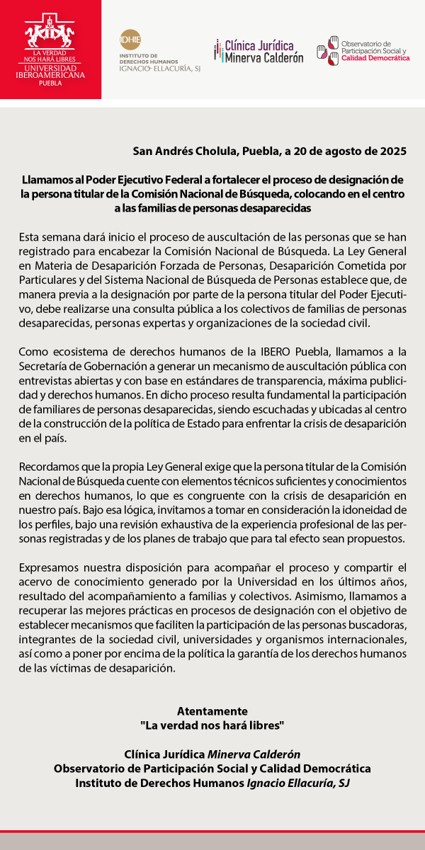 IberoPuebla's tweet photo. Llamamos al Poder Ejecutivo Federal a fortalecer el proceso de designación de la persona titular de la Comisión Nacional de Búsqueda, colocando en el centro a las familias de personas desaparecidas. https://t.co/RB1N1r8zjA