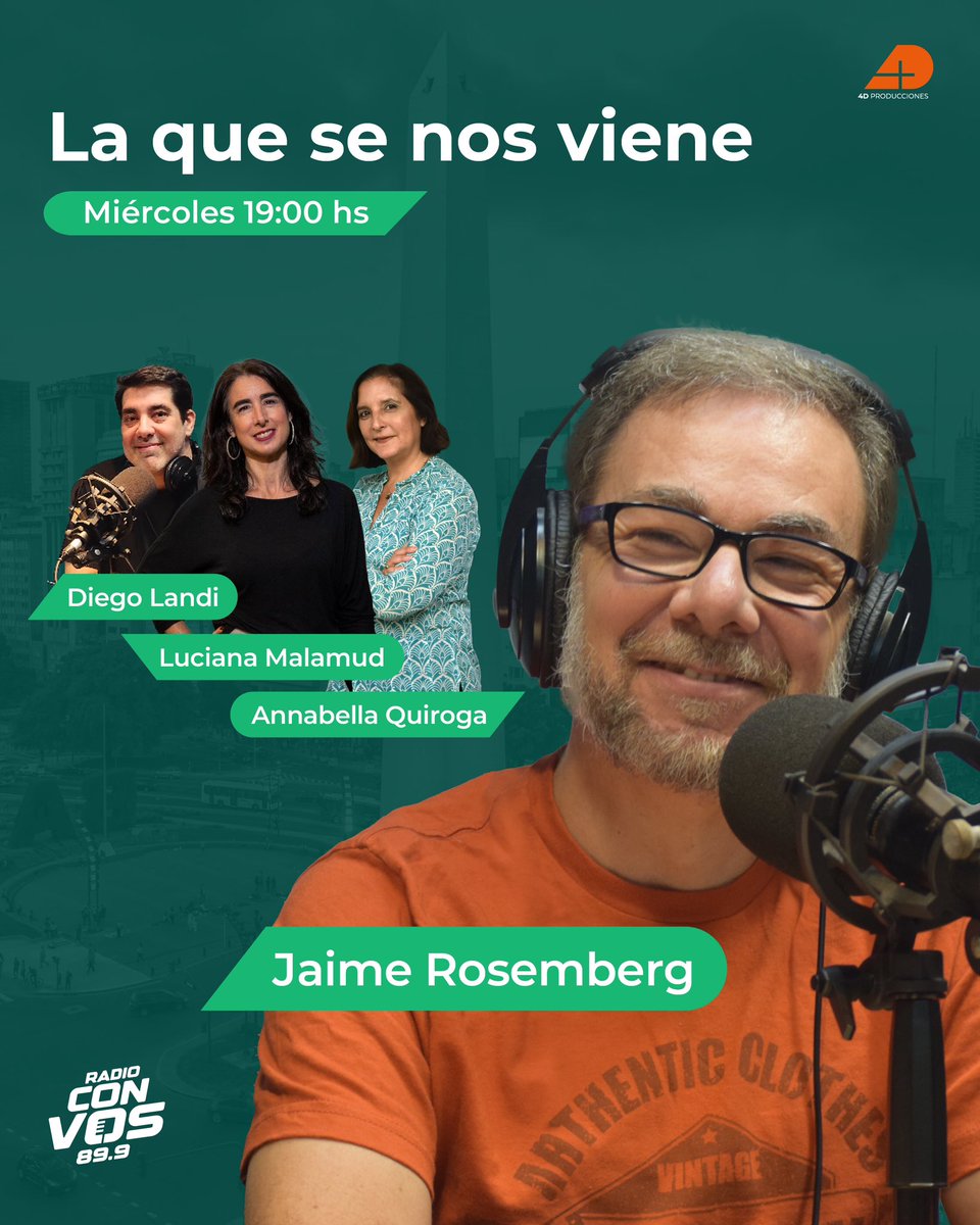 4D Producciones (@4dproducciones) on Twitter photo Llegamos a la mitad de una semana que dejó de todo, pero aún queda por saber #LaQueSeNosViene. Desde las 19hs. 🕖 <a href="/JaimeRosemberg/">Jaime Rosemberg</a> , <a href="/dielandi/">Diego Landi</a> , <a href="/lucianamalamud/">Luciana Malamud</a> y <a href="/annabellagq/">Annabella Quiroga</a> te ayudan a entender en 📻 <a href="/radioconvos899/">Radio Con Vos 89.9</a> lo que pasa y porqué pasa.
Podés escucharnos en 📲💻 Llegamos a la mitad de una semana que dejó de todo, pero aún queda por saber #LaQueSeNosViene. Desde las 19hs. 🕖 <a href="/JaimeRosemberg/">Jaime Rosemberg</a> , <a href="/dielandi/">Diego Landi</a> , <a href="/lucianamalamud/">Luciana Malamud</a> y <a href="/annabellagq/">Annabella Quiroga</a> te ayudan a entender en 📻 <a href="/radioconvos899/">Radio Con Vos 89.9</a> lo que pasa y porqué pasa.
Podés escucharnos en 📲💻