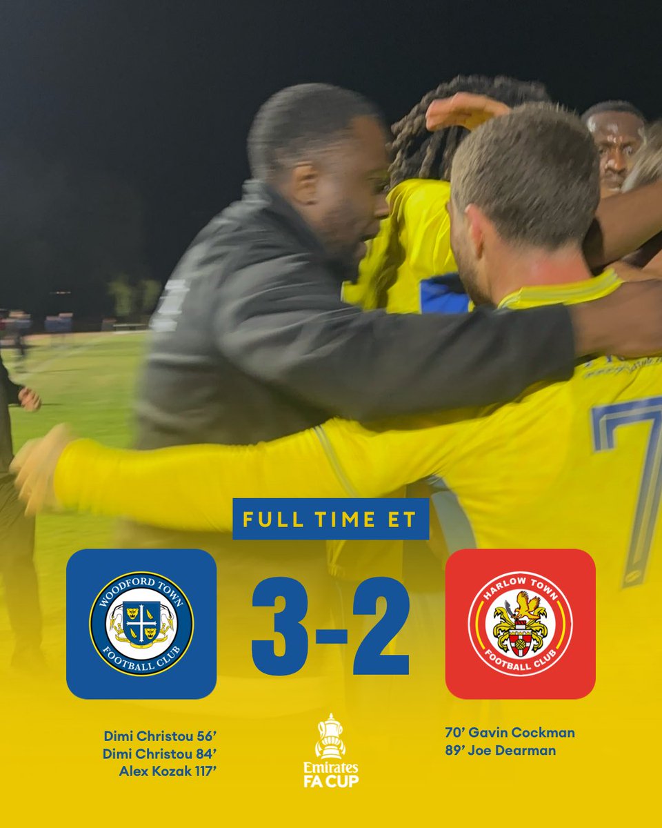 WoodfordTownFC's tweet photo. 120+1’ | FULL TIME! ⏰ 

WE’VE DONE IT! 

🪵 3-2 🔴 // #WoodfordTown #COYW // #ESL // #EmiratesFACup https://t.co/lZMEtY8Hv8