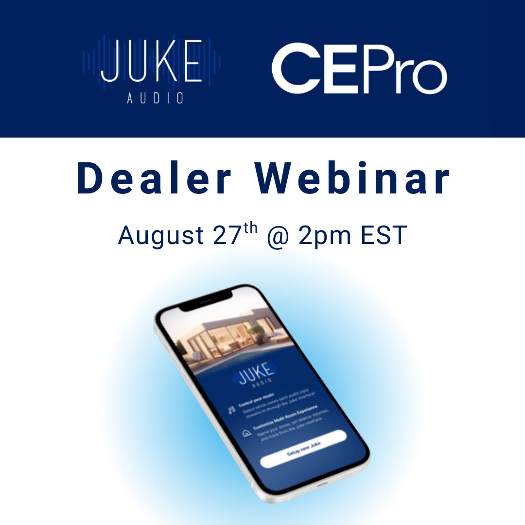 jukeaudio's tweet photo. Join us next week for an online webinar co-hosted with CE Pro! We will be providing in-depth product training, discussing our upcoming product launches, and offering exclusive promos to attendees. 

Sign up here: https://t.co/0NNUI8aMDw https://t.co/JW7VaU91KM