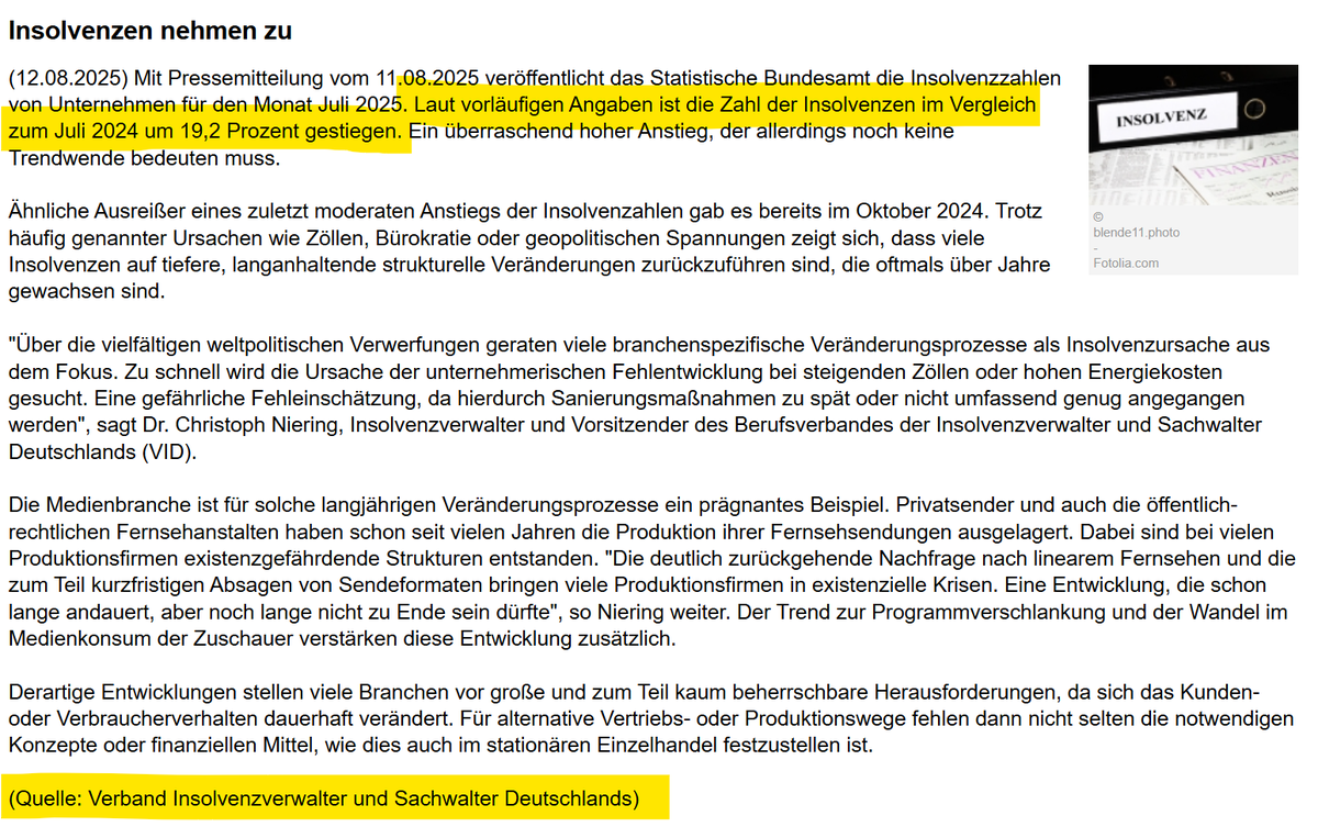 Wenn die Ampel hohe Insolvenzraten hatte und die Zahl der Insolvenzen unter #Merz und #Reiche um 19,2 % höher liegt, wie nennt man das dann? 

"Laut vorläufigen Angaben ist die Zahl der Insolvenzen im Vergleich zum Juli 2024 um 19,2 Prozent gestiegen."