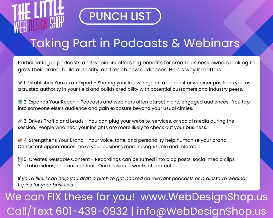 WebTLWDS's tweet image. Should you take place in podcasts and webinars as a small business owner?  #webinar #podcast #marketing #smallbusiness #website #webdesign