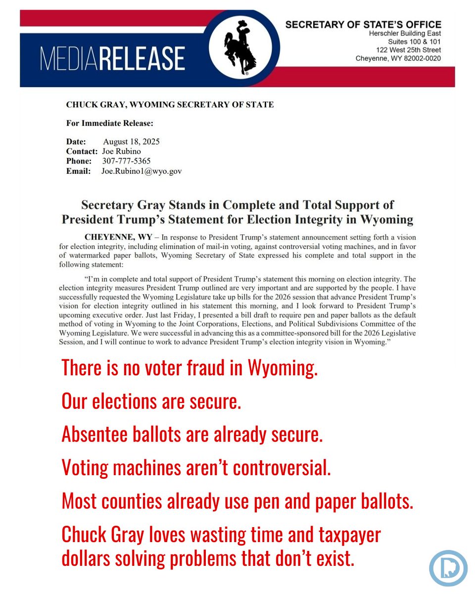 It is disturbing that Wyoming's Secretary of State would read this incoherent, maniacal, authoritarian rant and choose to publicly support it. 🤯