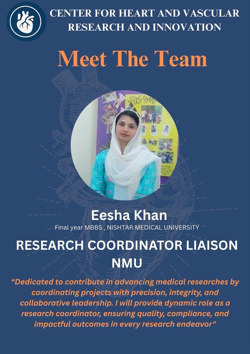 Meet Eesha Khan
Our Research Coordinator Liaison from Nishtar Medical University. As a final-year MBBS student, she brings passion, precision, and collaborative spirit to advancing medical research. We’re excited to have her on board at CHVRI.

#CHVRI