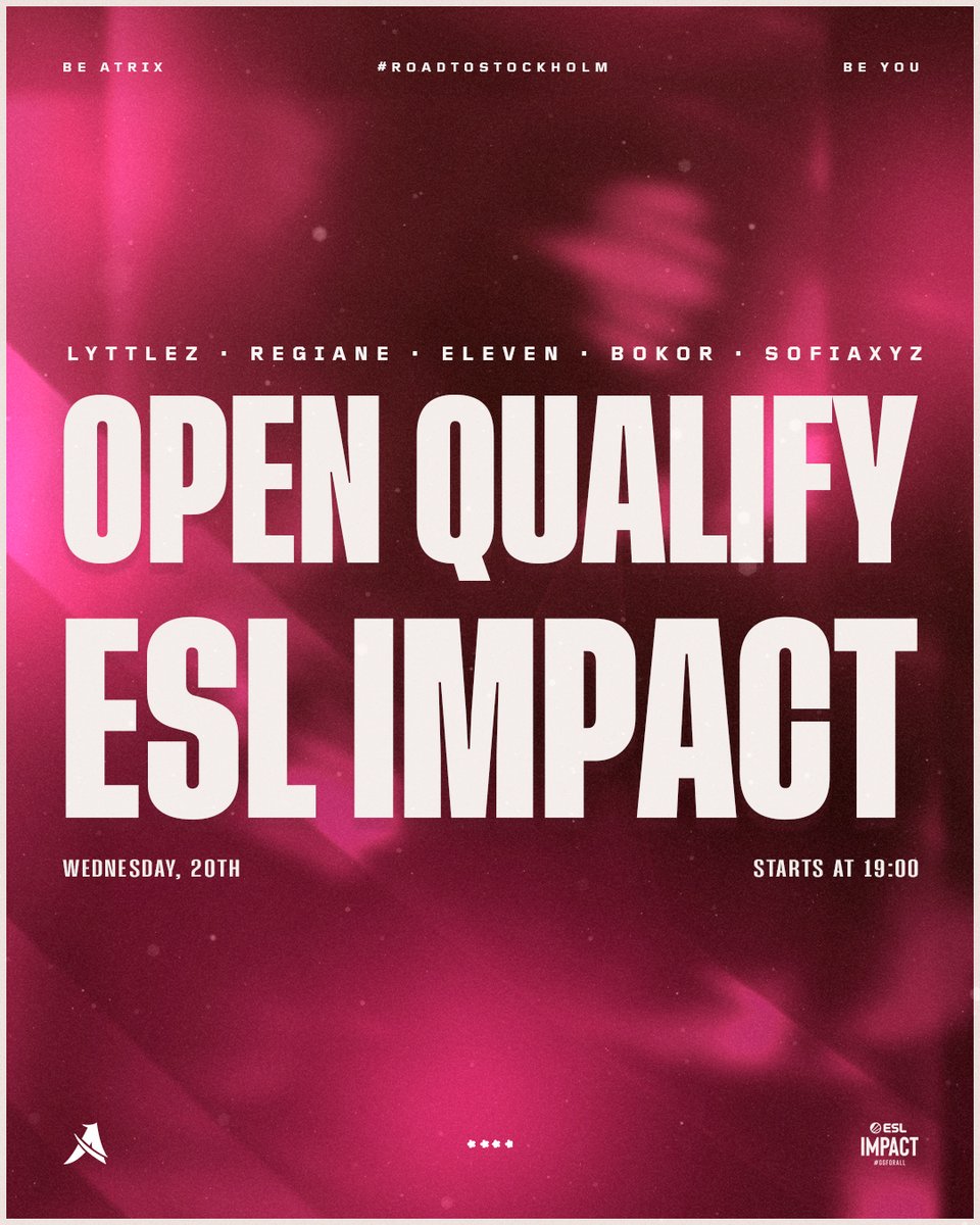 Vamos jogar hoje uma MD3 em busca da vaga no qualificatório da #ESLImpact S8  🫡

Cola na live e venha torcer para nossas guerreiras 🌸

⏰ 19:00 
🔗twitch.tv/nessyteras

#BeAtrix #TodosPorElas