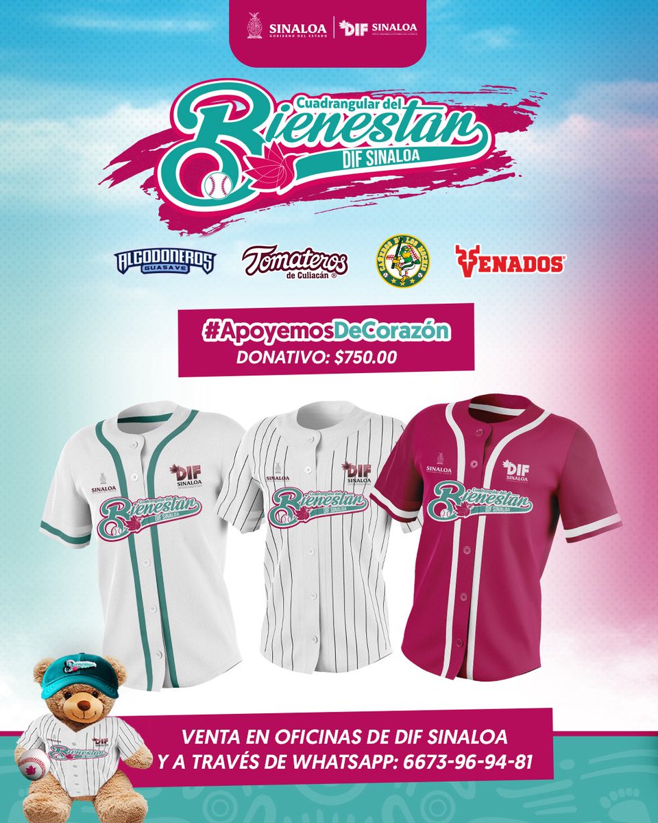 Gobierno del Estado de Sinaloa (@sinaloagobmx) on Twitter photo 🌟 ¡Ya están disponibles los jerseys oficiales del Cuadrangular del Bienestar DIF Sinaloa! 🌟
Con tu donativo de $750 pesos no solo te llevas una prenda especial de colección, también apoyas a que más niñas, niños y familias sinaloenses reciban la ayuda que necesitan. 🙌💗
👉 🌟 ¡Ya están disponibles los jerseys oficiales del Cuadrangular del Bienestar DIF Sinaloa! 🌟
Con tu donativo de $750 pesos no solo te llevas una prenda especial de colección, también apoyas a que más niñas, niños y familias sinaloenses reciban la ayuda que necesitan. 🙌💗
👉