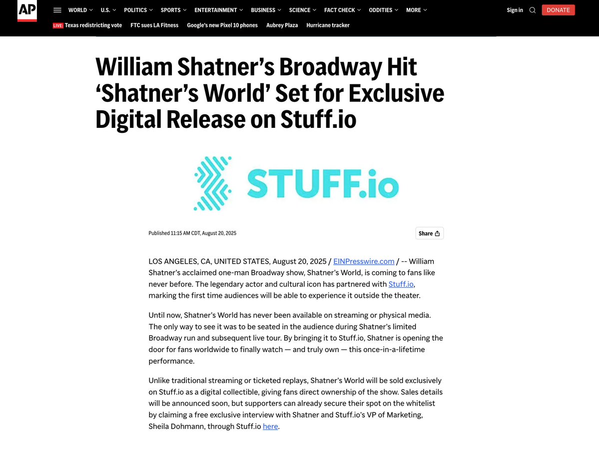 Stuff.io (@stuff_io) on Twitter photo Press release is out! <a href="/WilliamShatner/">William Shatner</a> has always been a forward-thinking innovator!
Own your $STUFF! Press release is out! <a href="/WilliamShatner/">William Shatner</a> has always been a forward-thinking innovator!
Own your $STUFF!