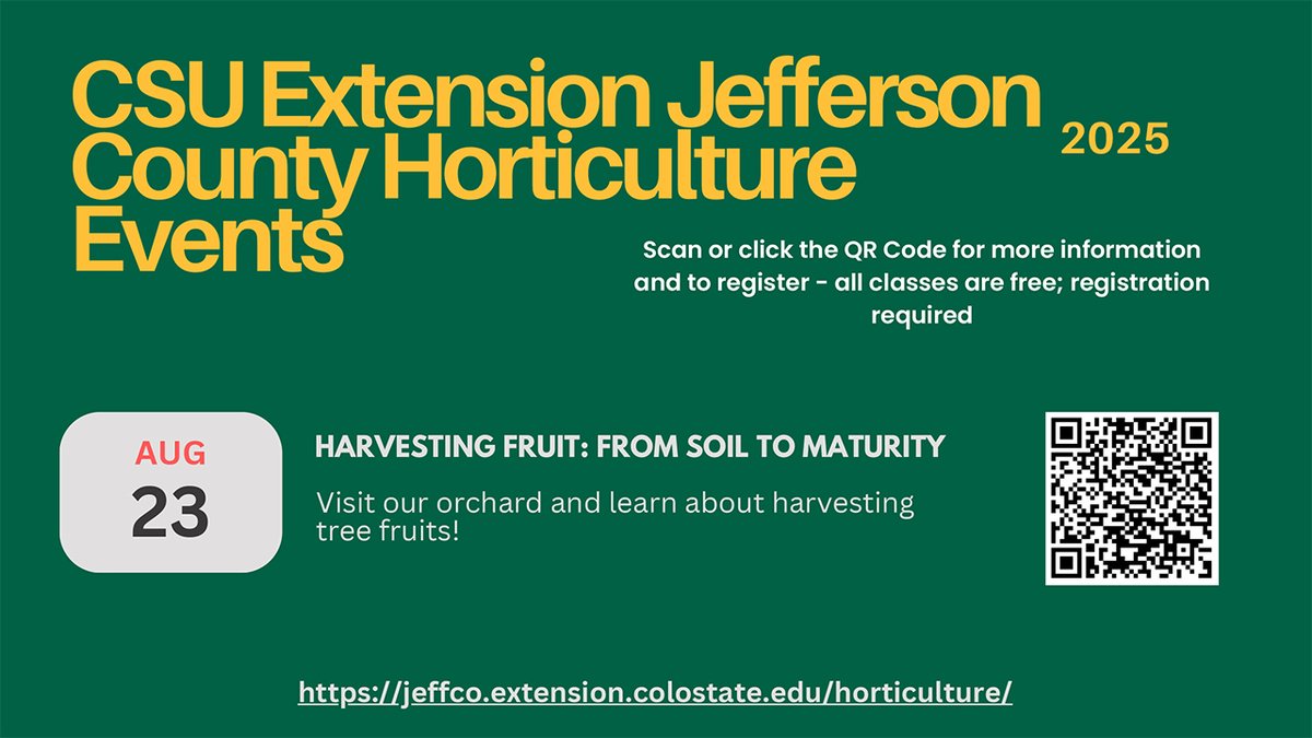 Jeffco Colorado (@jeffcocolorado) on Twitter photo 🍑Learn all about harvesting tree fruit from Jefferson County CSU Extension on Aug. 23
🕘9-11 a.m. | 📍#Jeffco Fairgrounds (15200 W. 6th Ave. in Golden)
🔗for more info: jeffco.extension.colostate.edu/horticulture 🍑Learn all about harvesting tree fruit from Jefferson County CSU Extension on Aug. 23
🕘9-11 a.m. | 📍#Jeffco Fairgrounds (15200 W. 6th Ave. in Golden)
🔗for more info: jeffco.extension.colostate.edu/horticulture